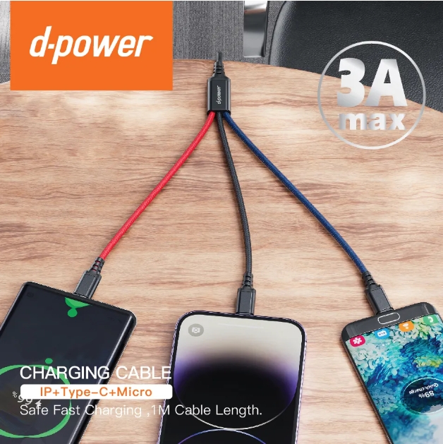 d-power สายชาร์จ 3in1 รุ่น CB-X12 สายชาร์จ 3หัว ในเส้นเดียว สำหรับ Micro USB/Type-C/Ligning - Image 4