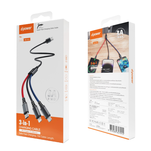 d-power สายชาร์จ 3in1 รุ่น CB-X12 สายชาร์จ 3หัว ในเส้นเดียว สำหรับ Micro USB/Type-C/Ligning - Image 6