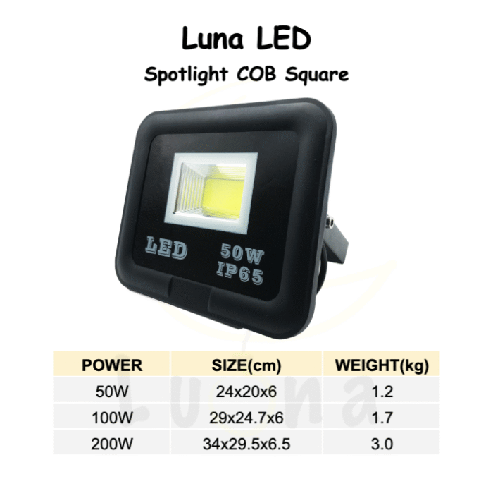 [ สว่างเต็มวัตต์ ] สปอตไลท์ ฟลัดไลท์ 50W/100W/200W Luna LED รุ่น COB Square Spotlight Floodlight [ ประกัน 1 ปี ] - Image 2