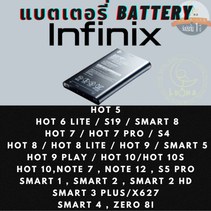 Battery แบตเตอรี่ Infinix อินฟินิกซ์ รุ่น Hot 5,Hot 6 Lite/S19/Smart 8,Hot 7/Hot 7 Pro/S4,Hot 8/Hot 8 Lite/Hot 9/Smart 5,Hot 9 Play/Hot 10/Hot 10s,Hot 10,Note 7,Note 12,S5 Pro,Smart 1,Smart 2,Smart 2 HD,Smart 3 Plus/X627,Smart 4,Zero 8i