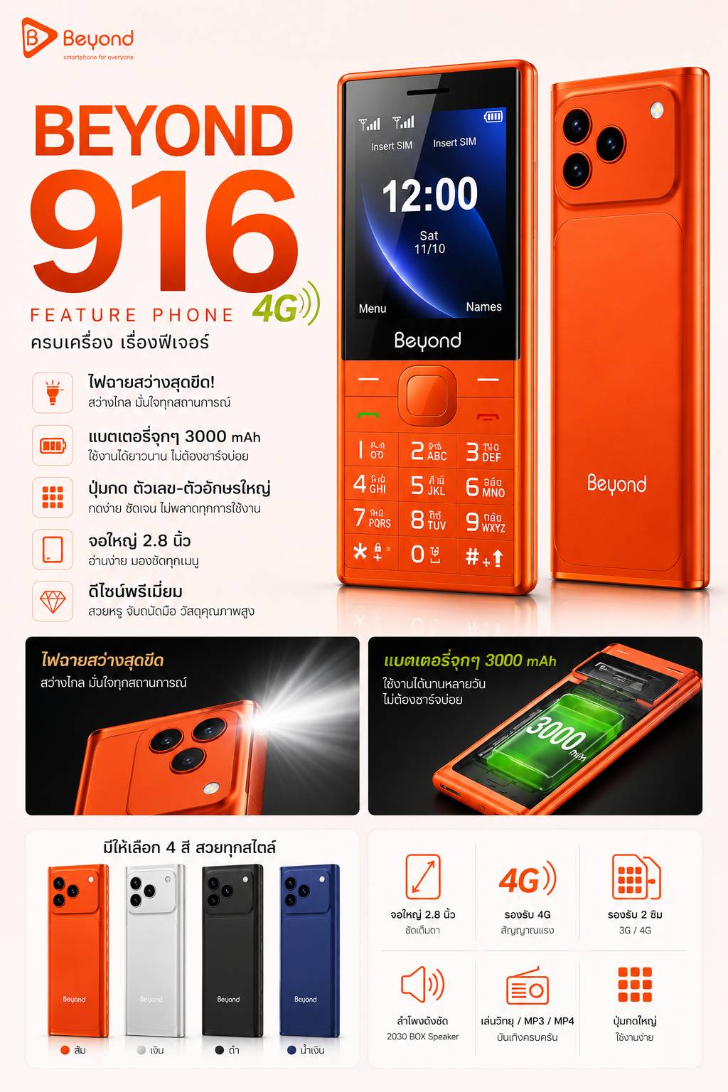 ดีไซน์สวย ราคาถูก มือถือปุ่มกด บียอนด์ Beyond 916 4G รุ่นใหม่ ปุ่มกดใหญ่ ตัวเลขใหญ่ แบตอึด เสียงดัง ประกันศูนย์ไทย 1 ปี - Image 6