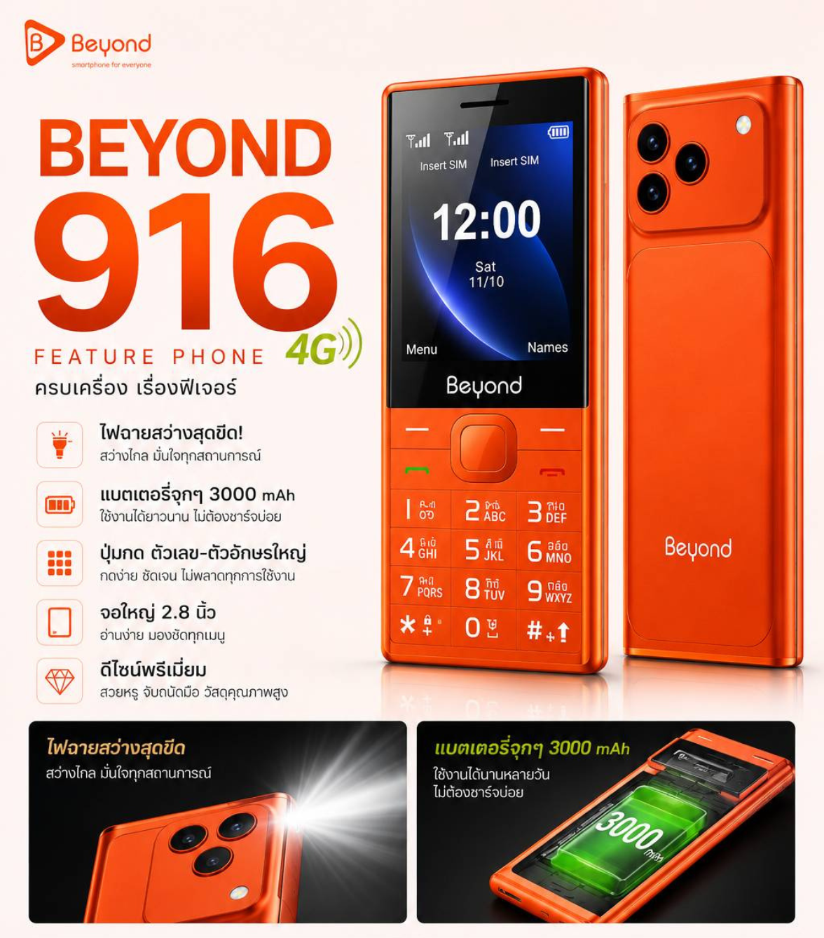 ดีไซน์สวย ราคาถูก มือถือปุ่มกด บียอนด์ Beyond 916 4G รุ่นใหม่ ปุ่มกดใหญ่ ตัวเลขใหญ่ แบตอึด เสียงดัง ประกันศูนย์ไทย 1 ปี