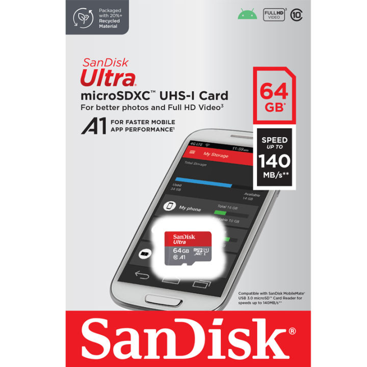 64 GB MICRO SD CARD (ไมโครเอสดีการ์ด) SANDISK ULTRA MICROSDXC UHS-I CARD (SDSQUAB-064G-GN6MN) ประกัน 10 ปั Capacity : 64GB Class : Class 10, U1, A1,SDXC Speed Rating : Read :140MB/s บันทึกภาพและวิดีโอได้แบบ : Full HD - Image 6