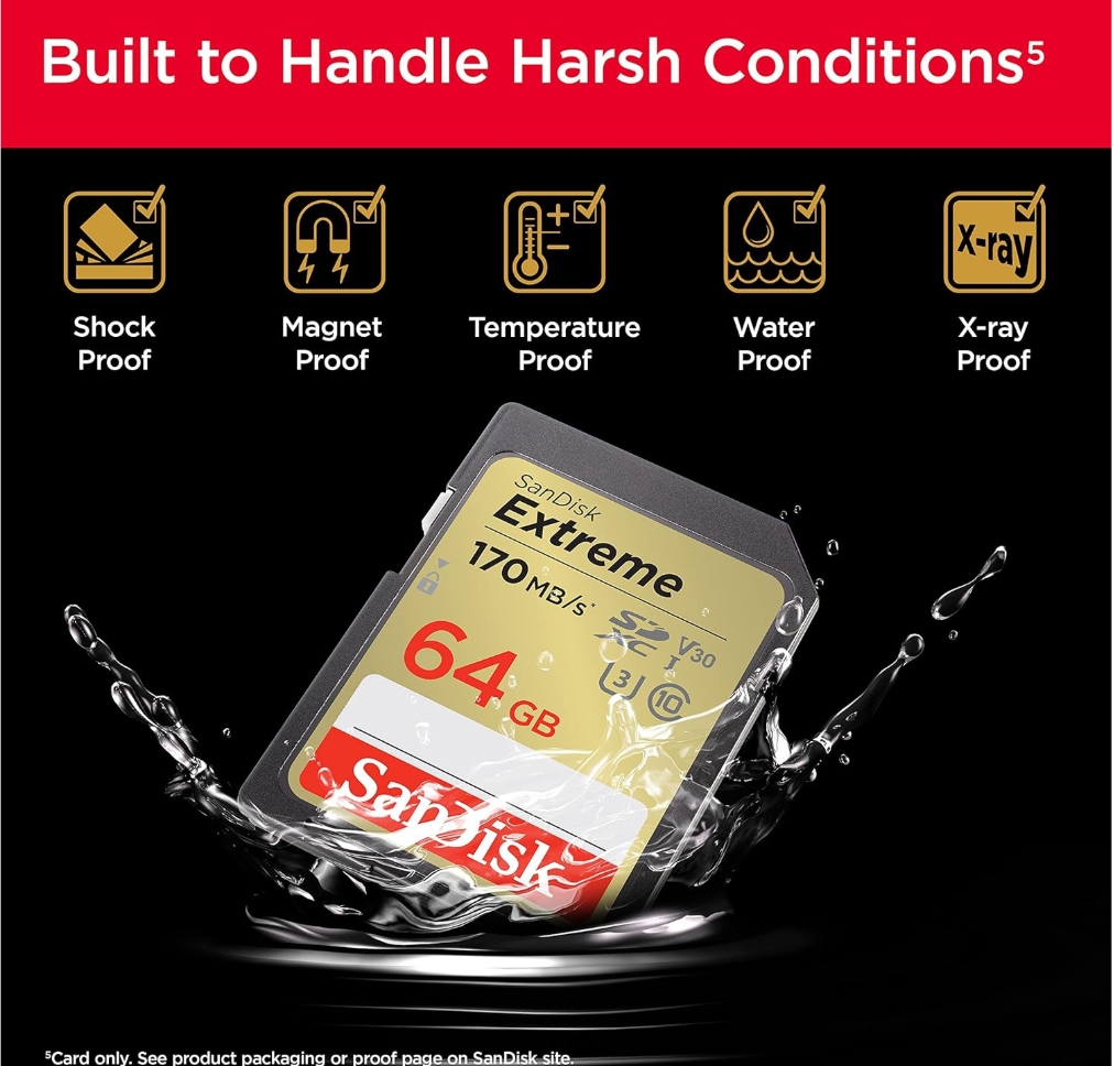 64 GB SD CARD (เอสดีการ์ด) SANDISK EXTREME SD UHS-I CARD (SDSDXV2-064G-GNCIN) ประกันตลอดอายุการใช้งาน Capacity : ความจุ 64GB Class : SDXC,V30,U3, Class10 Speed Rating : Read 170MB/s Write 80MB/s รองรับ Full HD และ 4K UHD สามารถทนทานในสภาพอุณหภูมิร้อนจัด - Image 6