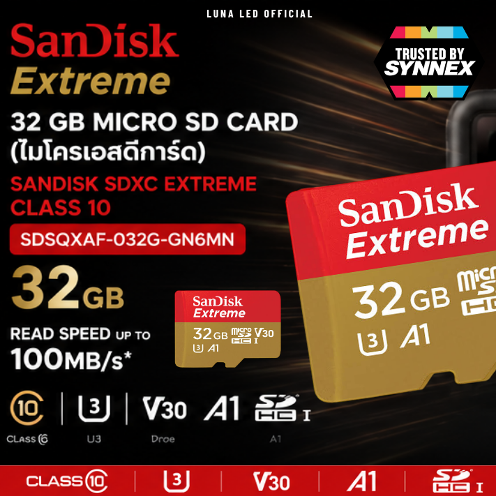 32 GB MICRO SD CARD (ไมโครเอสดีการ์ด) SANDISK SDXC EXTREME CLASS 10 (SDSQXAF-032G-GN6MN) ประกันตลอดชีพ Capacity : 32GB Class : Class 10,U3,V30,A1,SDHC Speed Rating : Read 100MB/s บันทึกภาพและวิดีโอได้แบบ :Full HD 1080p ความเร็วสูงสุดสำหรับการถ่ายโอนข้อมูล