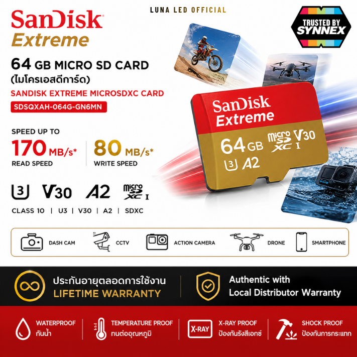 64 GB MICRO SD CARD (ไมโครเอสดีการ์ด) SANDISK EXTREME MICROSDXC CARD (SDSQXAH-064G-GN6MN) ประกันตลอดอายุการใช้งาน Capacity : 64GB Class : Class 10, U3, A2,V30,SDXC Speed Rating : Read 170MB/s, Write 80MB/s บันทึกภาพและวิดีโอได้แบบ : Full HD 1080p 4K UHD