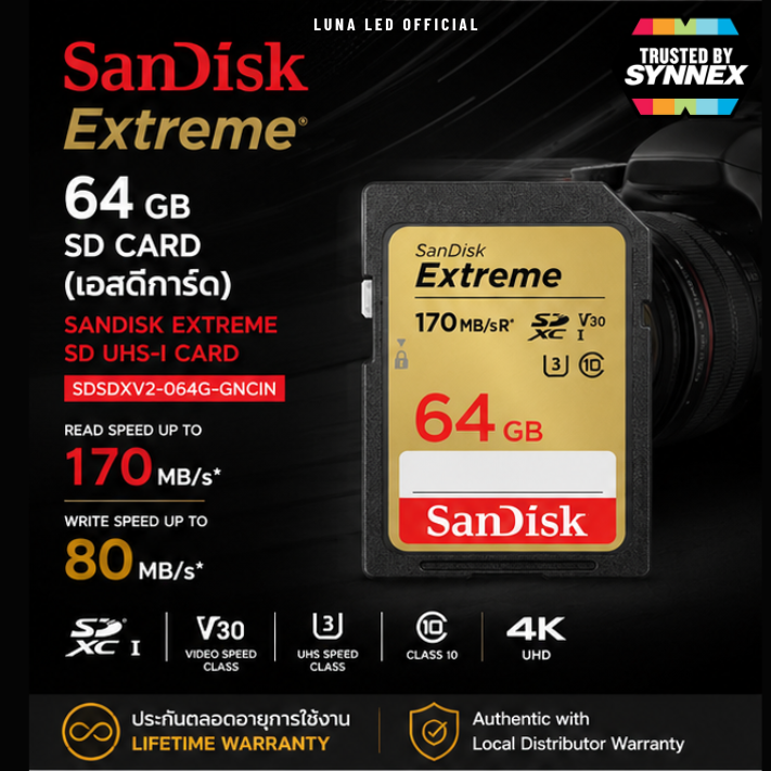 64 GB SD CARD (เอสดีการ์ด) SANDISK EXTREME SD UHS-I CARD (SDSDXV2-064G-GNCIN) ประกันตลอดอายุการใช้งาน Capacity : ความจุ 64GB Class : SDXC,V30,U3, Class10 Speed Rating : Read 170MB/s Write 80MB/s รองรับ Full HD และ 4K UHD สามารถทนทานในสภาพอุณหภูมิร้อนจัด