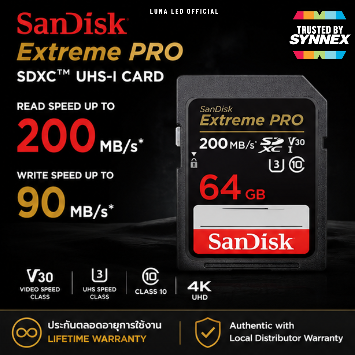 64 GB SD CARD (เอสดีการ์ด) SANDISK EXTREME PRO SDXC UHS-I CARD (SDSDXXU-064G-GN4IN) ประกันตลอดอายุการใช้งาน Capacity : ความจุ 64GB Class : SDXC,U3,V30 Class10 Speed Rating : Read 200MB/s Write 90MB/s ถ่ายภาพและวีดีโอ รองรับ Full HD และ 4K UHD
