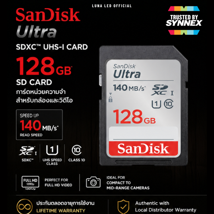 128 GB SD CARD (เอสดีการ์ด) SANDISK ULTRA SDXC UHS-I CARD (SDSDUNB-128G-GN6IN) ประกัน 10 ปี Capacity : ความจุ 128GB Class : SDXC U1 Class10 Speed Rating : Read 140MB/s ถ่ายภาพและวิดีโอ Full HD กล้องถ่ายขนาดกะทัดรัดไปจนถึงระดับกลาง การบันทึกวิดีโอ UHS-I