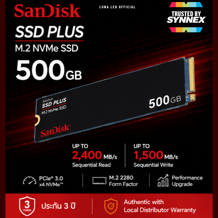 500 GB SSD (เอสเอสดี) SANDISK SSD PLUS - PCIe 3x4 NVMe M.2 2280 (SDSSDA3N-500G-G26) ประกัน 3 ปี SSD ความจุ 500GB ⚡️ ความเร็วสูงด้วยเทคโนโลยี PCIe 3.0 x4 (NVMe) 🖥️ รูปแบบ M.2 2280 ขนาดกะทัดรัด ติดตั้งง่ายในโน้ตบุ๊กและพีซี 🚀 เพิ่มประสิทธิภาพเครื่องของคุณ