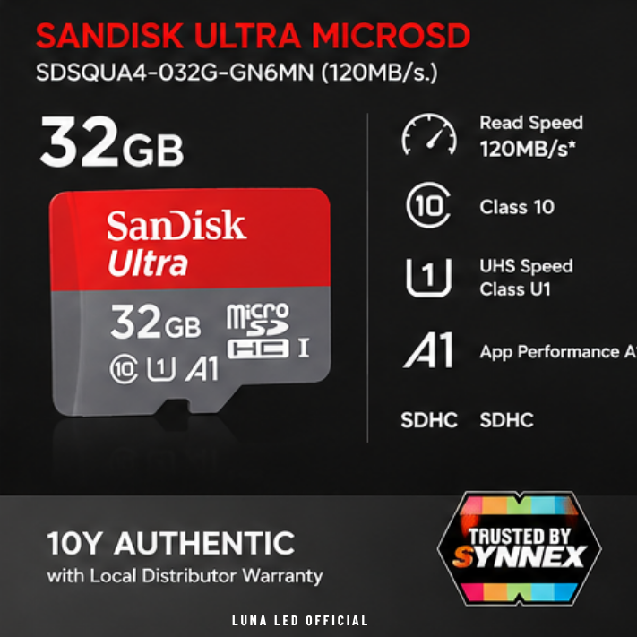 32 GB MICRO SD CARD (ไมโครเอสดีการ์ด) SANDISK ULTRA MICROSD (SDSQUA4-032G-GN6MN) Capacity : 32GB Class : Class 10,U1,A1,SDHC Speed Rating : Read 120MB/s บันทึกภาพและวิดีโอได้แบบ :Full HD 1080p การ์ด SanDisk สามารถใช้งานได้กับสมาร์ทโฟนและแท็บเล็ต