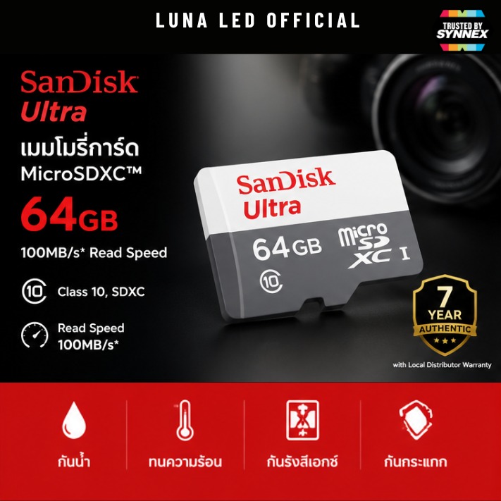 64 GB MICRO SD CARD (ไมโครเอสดีการ์ด) SANDISK ULTRA SDXC CLASS 10 (SDSQUNR-064G-GN3MN) ประกัน 7 ปี Capacity : 64GB Class : Class 10,SDXC Speed Rating : Read 100MB/s บันทึกภาพและวิดีโอได้แบบ : Full HD 1080p และ 4K UHD