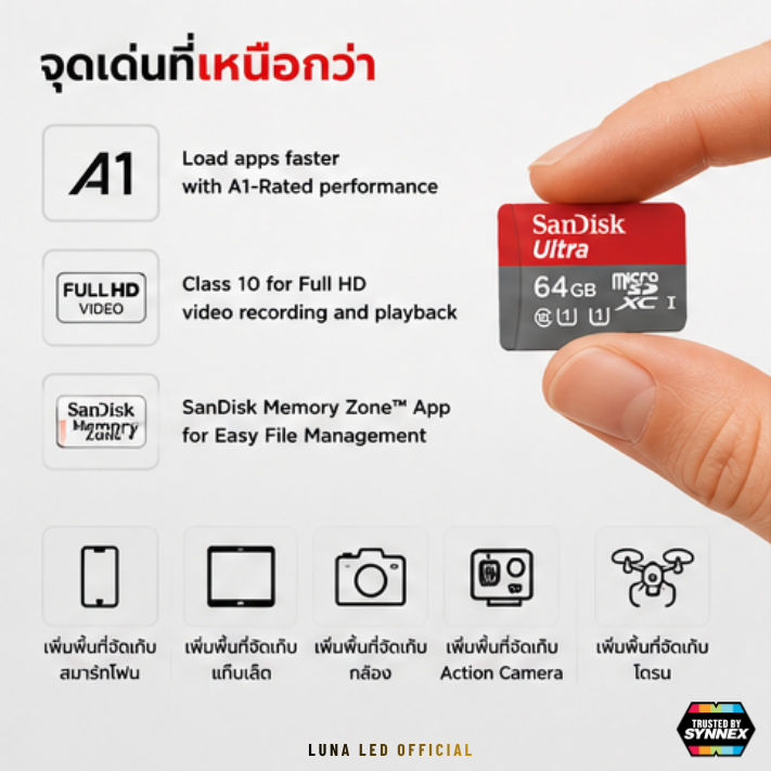 64 GB MICRO SD CARD (ไมโครเอสดีการ์ด) SANDISK ULTRA MICROSDXC UHS-I CARD (SDSQUAB-064G-GN6MN) ประกัน 10 ปั Capacity : 64GB Class : Class 10, U1, A1,SDXC Speed Rating : Read :140MB/s บันทึกภาพและวิดีโอได้แบบ : Full HD - Image 2