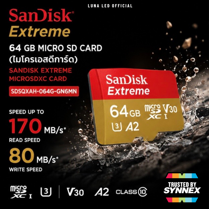 64 GB MICRO SD CARD (ไมโครเอสดีการ์ด) SANDISK EXTREME MICROSDXC CARD (SDSQXAH-064G-GN6MN) ประกันตลอดอายุการใช้งาน Capacity : 64GB Class : Class 10, U3, A2,V30,SDXC Speed Rating : Read 170MB/s, Write 80MB/s บันทึกภาพและวิดีโอได้แบบ : Full HD 1080p 4K UHD - Image 2