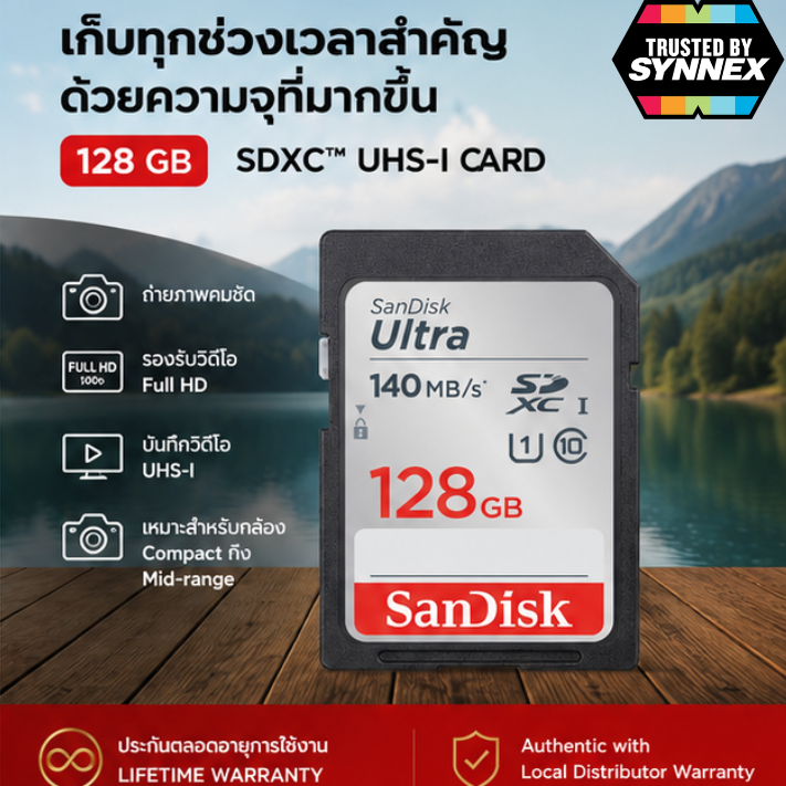 128 GB SD CARD (เอสดีการ์ด) SANDISK ULTRA SDXC UHS-I CARD (SDSDUNB-128G-GN6IN) ประกัน 10 ปี Capacity : ความจุ 128GB Class : SDXC U1 Class10 Speed Rating : Read 140MB/s ถ่ายภาพและวิดีโอ Full HD กล้องถ่ายขนาดกะทัดรัดไปจนถึงระดับกลาง การบันทึกวิดีโอ UHS-I - Image 9