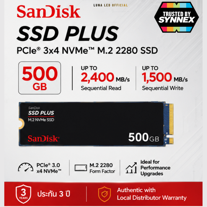 500 GB SSD (เอสเอสดี) SANDISK SSD PLUS - PCIe 3x4 NVMe M.2 2280 (SDSSDA3N-500G-G26) ประกัน 3 ปี SSD ความจุ 500GB ⚡️ ความเร็วสูงด้วยเทคโนโลยี PCIe 3.0 x4 (NVMe) 🖥️ รูปแบบ M.2 2280 ขนาดกะทัดรัด ติดตั้งง่ายในโน้ตบุ๊กและพีซี 🚀 เพิ่มประสิทธิภาพเครื่องของคุณ - Image 2