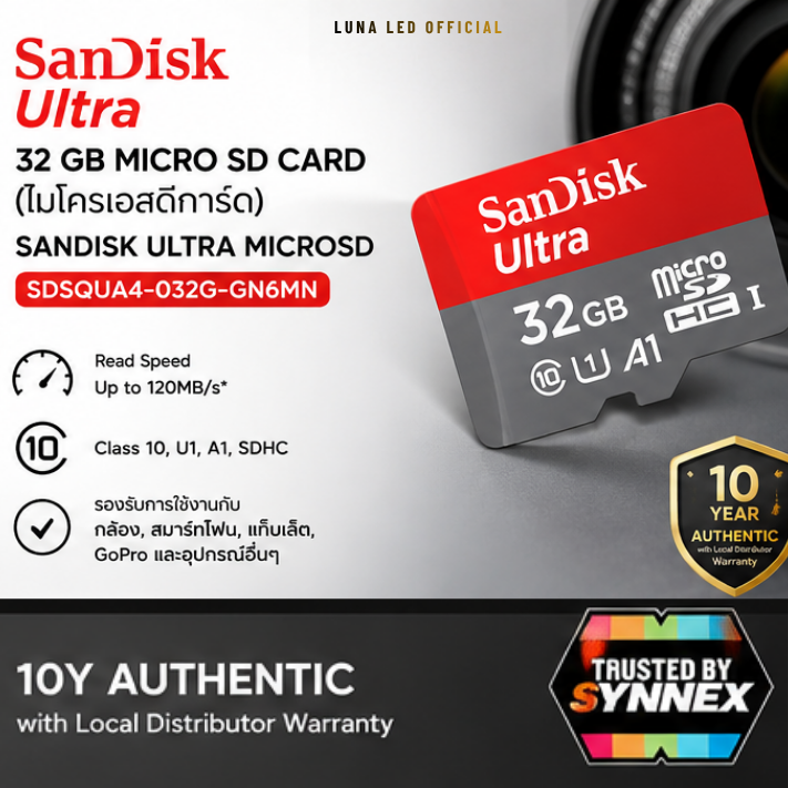 32 GB MICRO SD CARD (ไมโครเอสดีการ์ด) SANDISK ULTRA MICROSD (SDSQUA4-032G-GN6MN) Capacity : 32GB Class : Class 10,U1,A1,SDHC Speed Rating : Read 120MB/s บันทึกภาพและวิดีโอได้แบบ :Full HD 1080p การ์ด SanDisk สามารถใช้งานได้กับสมาร์ทโฟนและแท็บเล็ต - Image 2