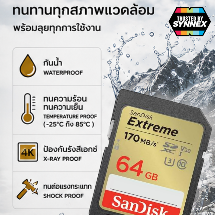 64 GB SD CARD (เอสดีการ์ด) SANDISK EXTREME SD UHS-I CARD (SDSDXV2-064G-GNCIN) ประกันตลอดอายุการใช้งาน Capacity : ความจุ 64GB Class : SDXC,V30,U3, Class10 Speed Rating : Read 170MB/s Write 80MB/s รองรับ Full HD และ 4K UHD สามารถทนทานในสภาพอุณหภูมิร้อนจัด - Image 3