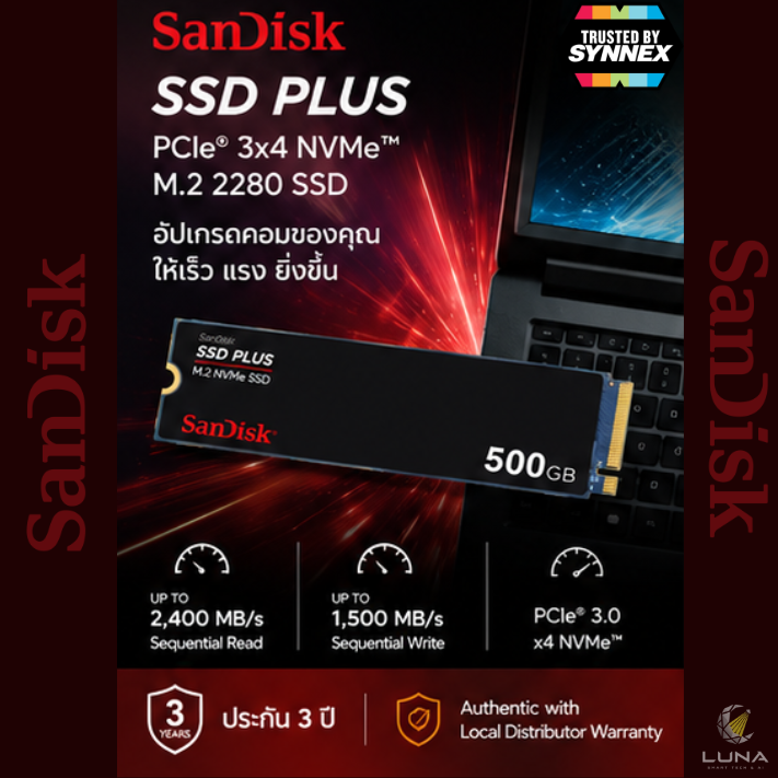 500 GB SSD (เอสเอสดี) SANDISK SSD PLUS - PCIe 3x4 NVMe M.2 2280 (SDSSDA3N-500G-G26) ประกัน 3 ปี SSD ความจุ 500GB ⚡️ ความเร็วสูงด้วยเทคโนโลยี PCIe 3.0 x4 (NVMe) 🖥️ รูปแบบ M.2 2280 ขนาดกะทัดรัด ติดตั้งง่ายในโน้ตบุ๊กและพีซี 🚀 เพิ่มประสิทธิภาพเครื่องของคุณ - Image 3