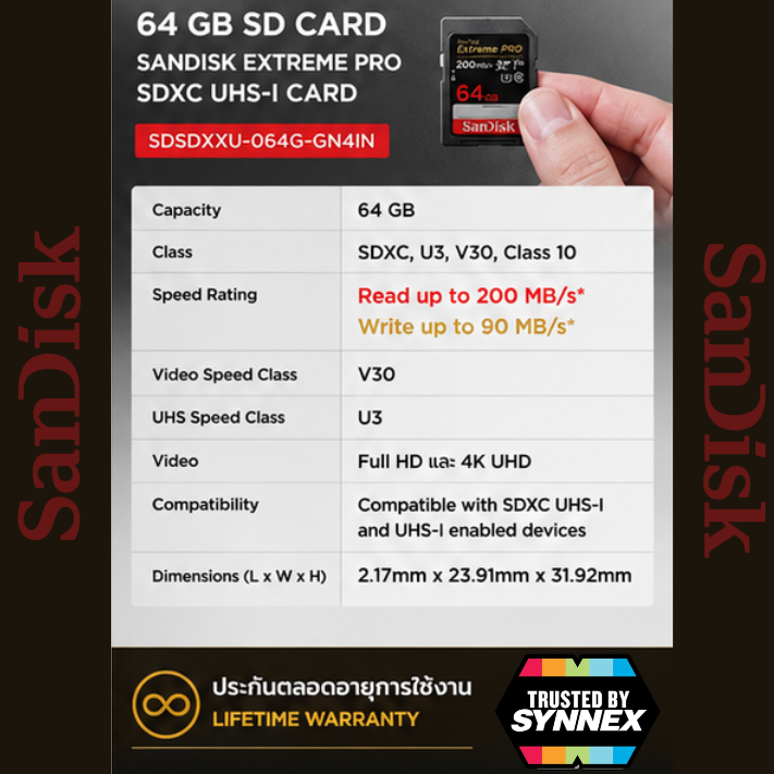 64 GB SD CARD (เอสดีการ์ด) SANDISK EXTREME PRO SDXC UHS-I CARD (SDSDXXU-064G-GN4IN) ประกันตลอดอายุการใช้งาน Capacity : ความจุ 64GB Class : SDXC,U3,V30 Class10 Speed Rating : Read 200MB/s Write 90MB/s ถ่ายภาพและวีดีโอ รองรับ Full HD และ 4K UHD - Image 4