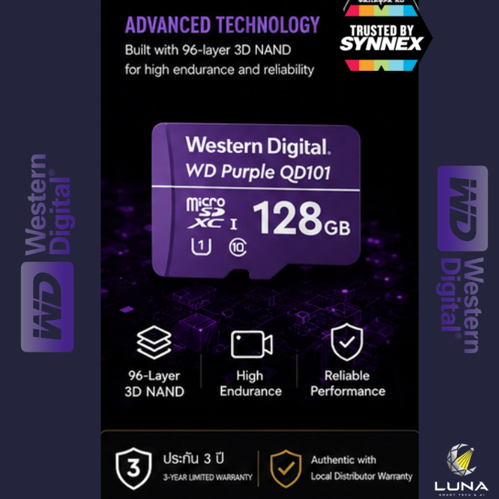 การ์ดหน่วยความจำ (WESTERN DIGITAL) WD Purple 128GB microSDXC ประกัน 3 ปี ความจุ: 128GBประเภท: microSDXC, Class 10, UHS-I, U1การใช้งาน: รองรับการบันทึกภาพวิดีโอแบบต่อเนื่องตลอด 24 ชั่วโมง ความทนทาน: ทนต่ออุณหภูมิที่ร้อนและหนาวจัด (-25°C ถึง 85°C) และทนต่อความชื้น - Image 11