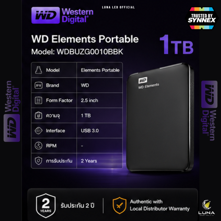 1 TB PORTABLE HDD (ฮาร์ดดิสก์พกพา) WD ELEMENTS PORTABLE (WDBUZG0010BBK) ประกัน 2 ปี ความจุ 1 TB คอนเน็กเตอร์ Micro-B อินเทอร์เฟซ USB 3.2 Gen 1 USB 3.0 Warranty การรับประกันแบบจำกัดเงื่อนไขนาน 2 ปี ขนาด (L x W x H) 110.6mm x 82.1mm x 15mm น้ำหนัก 0.13kgs - Image 4