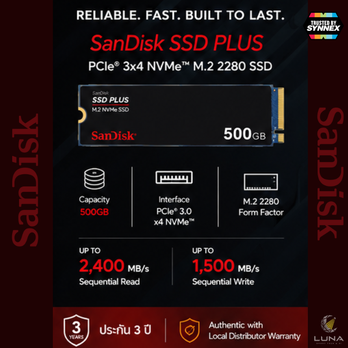 500 GB SSD (เอสเอสดี) SANDISK SSD PLUS - PCIe 3x4 NVMe M.2 2280 (SDSSDA3N-500G-G26) ประกัน 3 ปี SSD ความจุ 500GB ⚡️ ความเร็วสูงด้วยเทคโนโลยี PCIe 3.0 x4 (NVMe) 🖥️ รูปแบบ M.2 2280 ขนาดกะทัดรัด ติดตั้งง่ายในโน้ตบุ๊กและพีซี 🚀 เพิ่มประสิทธิภาพเครื่องของคุณ - Image 4
