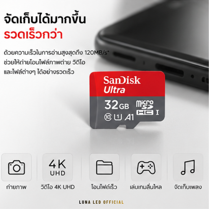 32 GB MICRO SD CARD (ไมโครเอสดีการ์ด) SANDISK ULTRA MICROSD (SDSQUA4-032G-GN6MN) Capacity : 32GB Class : Class 10,U1,A1,SDHC Speed Rating : Read 120MB/s บันทึกภาพและวิดีโอได้แบบ :Full HD 1080p การ์ด SanDisk สามารถใช้งานได้กับสมาร์ทโฟนและแท็บเล็ต - Image 4