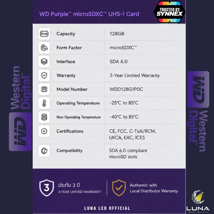 การ์ดหน่วยความจำ (WESTERN DIGITAL) WD Purple 128GB microSDXC ประกัน 3 ปี ความจุ: 128GBประเภท: microSDXC, Class 10, UHS-I, U1การใช้งาน: รองรับการบันทึกภาพวิดีโอแบบต่อเนื่องตลอด 24 ชั่วโมง ความทนทาน: ทนต่ออุณหภูมิที่ร้อนและหนาวจัด (-25°C ถึง 85°C) และทนต่อความชื้น - Image 12