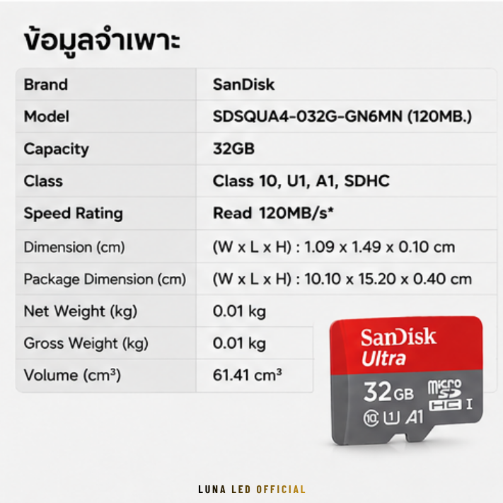 32 GB MICRO SD CARD (ไมโครเอสดีการ์ด) SANDISK ULTRA MICROSD (SDSQUA4-032G-GN6MN) Capacity : 32GB Class : Class 10,U1,A1,SDHC Speed Rating : Read 120MB/s บันทึกภาพและวิดีโอได้แบบ :Full HD 1080p การ์ด SanDisk สามารถใช้งานได้กับสมาร์ทโฟนและแท็บเล็ต - Image 5