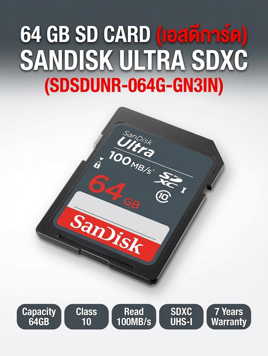 64 GB SD CARD (เอสดีการ์ด) SANDISK ULTRA SDXC (SDSDUNR-064G-GN3IN) ประกัน 7 ปี Capacity : ความจุ 64GB Class : Ultra SD SDXC UHS-I Class 10 Speed Rating : Read 100MB/s ถ่ายภาพและวิดีโอ Full HD ถ่ายรูปขนาดกะทัดรัด ไปจนถึงระดับกลาง - Image 4