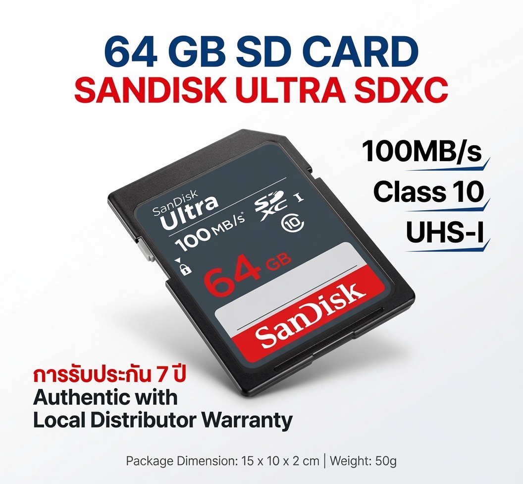 64 GB SD CARD (เอสดีการ์ด) SANDISK ULTRA SDXC (SDSDUNR-064G-GN3IN) ประกัน 7 ปี Capacity : ความจุ 64GB Class : Ultra SD SDXC UHS-I Class 10 Speed Rating : Read 100MB/s ถ่ายภาพและวิดีโอ Full HD ถ่ายรูปขนาดกะทัดรัด ไปจนถึงระดับกลาง - Image 5