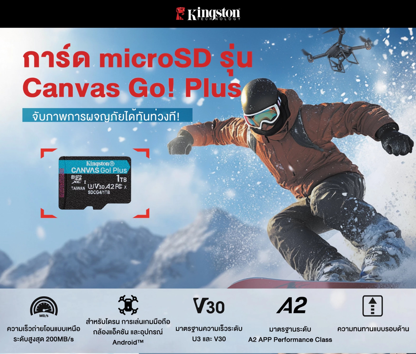 128 GB MICRO SD CARD (ไมโครเอสดีการ์ด) KINGSTON CANVAS GO PLUS (SDCG4/128GB) ประกันตลอดอายุการใช้งาน ความจุ (2) : 128GB มาตรฐาน/คลาส : Class 10, UHS-I, U3, V30, A2 ประสิทธิภาพ (1) : อ่านเร็วสูงสุด 200MB/s ขนาดการ์ด microSDXC : 11 x 15 x 1 มม. - Image 6
