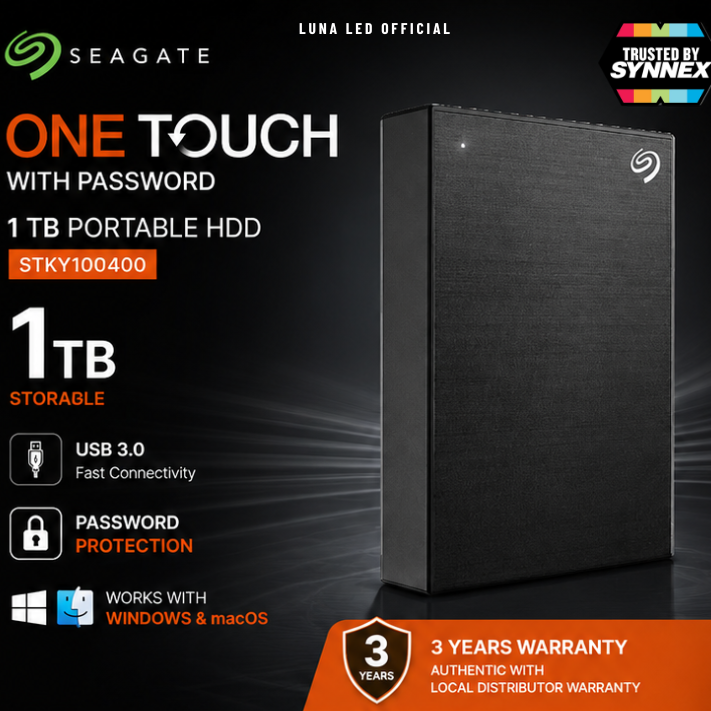 1 TB PORTABLE HDD (ฮาร์ดดิสก์พกพา) SEAGATE ONE TOUCH WITH PASSWORD (BLACK) (STKY1000400) ประกัน 3 ปี ข้อมูลปลอดภัยด้วยคุณสมบัติการตั้งค่ารหัสผ่าน รองรับการ Backup ข้อมูล ได้อย่างง่ายดายผ่านโปรแกรม Seagate Toolkit บริการกู้ข้อมูลฟรี 3 ปี