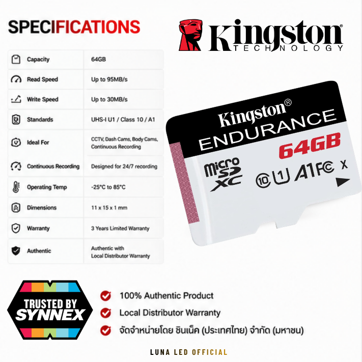 64 GB MICRO SD CARD (ไมโครเอสดีการ์ด) KINGSTON HIGH-ENDURANCE MICROSD MEMORY CARD (SDCE/64GB) ประกัน 3 ปี Capacity : 64GB Class : Class 10,U1,A1,SDXC Speed Rating : Read 95MB/s, Write 30MB/s บันทึกภาพและวิดีโอได้แบบ : Full HD 1080p 4K UHD - Image 2