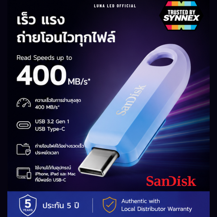 256 GB FLASH DRIVE (แฟลชไดร์ฟ) SANDISK CREATOR USB-C - BLUE (SDCZ75C-256G-G46) ประกัน 5 ปี Capacity : 256GB Interface : USB 3.2 Gen1 USB Type-C Read speeds : Read 400MB/s ถ่ายโอนอุปกรณ์ต่างๆ เช่น iPhone, iPad และ Mac ที่มีขั้วต่อ USB Type-C - Image 2