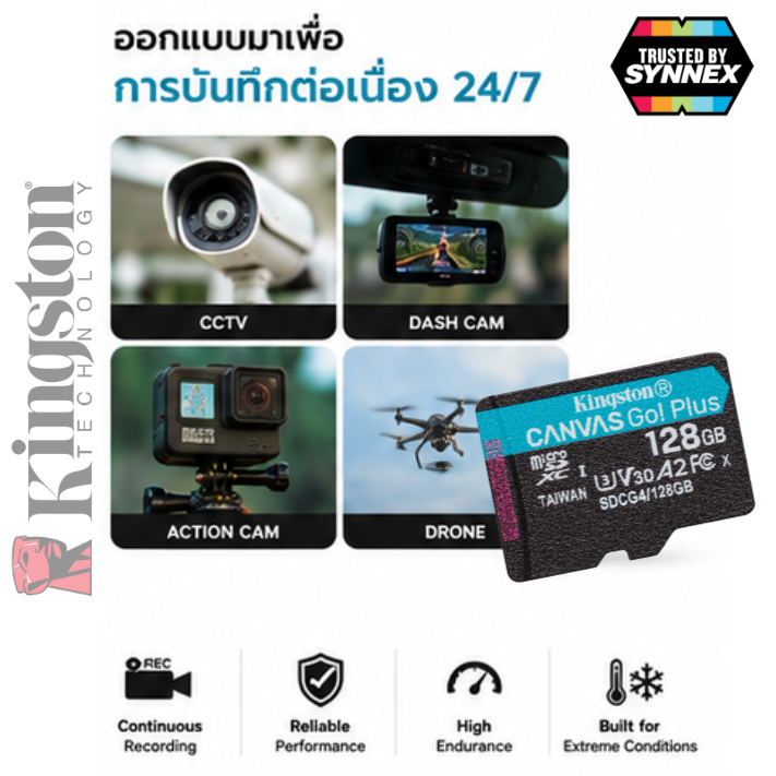 128 GB MICRO SD CARD (ไมโครเอสดีการ์ด) KINGSTON CANVAS GO PLUS (SDCG4/128GB) ประกันตลอดอายุการใช้งาน ความจุ (2) : 128GB มาตรฐาน/คลาส : Class 10, UHS-I, U3, V30, A2 ประสิทธิภาพ (1) : อ่านเร็วสูงสุด 200MB/s ขนาดการ์ด microSDXC : 11 x 15 x 1 มม. - Image 3