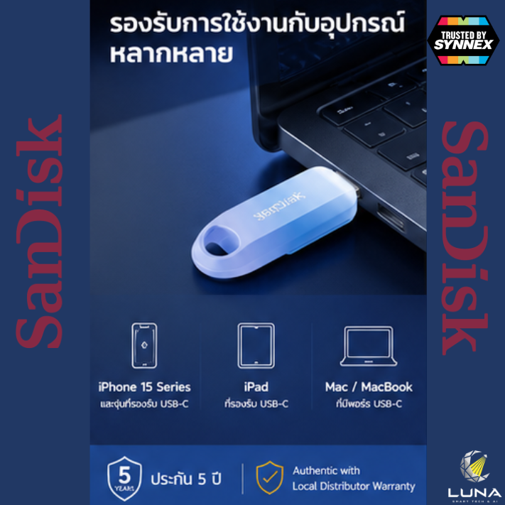 256 GB FLASH DRIVE (แฟลชไดร์ฟ) SANDISK CREATOR USB-C - BLUE (SDCZ75C-256G-G46) ประกัน 5 ปี Capacity : 256GB Interface : USB 3.2 Gen1 USB Type-C Read speeds : Read 400MB/s ถ่ายโอนอุปกรณ์ต่างๆ เช่น iPhone, iPad และ Mac ที่มีขั้วต่อ USB Type-C - Image 4